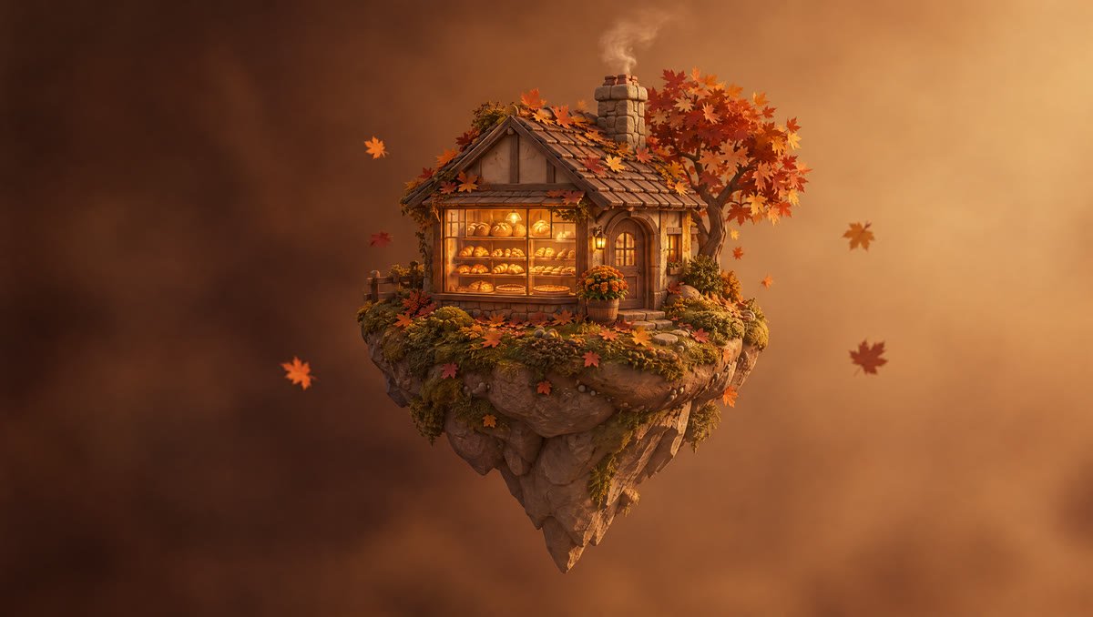 A tiny bakery on a floating island, fresh loaves glowing in its window